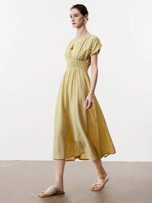 Aalyst Women's Linen Twill Round Neck Dropped Shoulder Pleated Waist A-Line Adjustable Hem Short Sleeve Midi Dress, Elegant French Retro Commuting Business Vacation Casual Street Style Minimalist Versatile, Spring/Summer New - Light Yellow - View 7