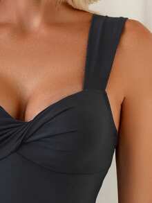 Swim Lushoire 女士泳装连衣裙，宽肩带，优雅前扭设计，不对称裙摆，适合海滩度假、假日泳池派对、日常约会穿着 - 黑色 - 查看 6