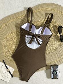 Swim Chiccia 1pc Elegant Metallic Shiny Fabric Twisted Cup One-Piece Swimsuit - Coffee Brown - View 7