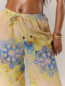 MUSERA 网眼印花串珠抽绳阔腿裤，夏季度假伊比沙岛优雅可爱海滩节锐舞波西米亚风沙滩装度假服，夏季条纹派对装扮 - 鵝黃色 - 查看 5