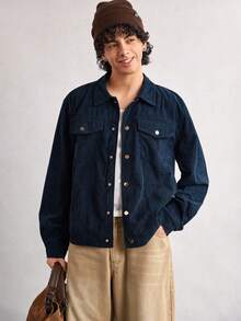 Open Phase Vintage Corduroy Jacket For Men, Spring And Autumn, Fully Lined, Workwear Jacket, Loose Silhouette, Button Design, Streetwear Style INS,Daily Matching, Boyfriend/Husband Gift, - Navy Blue - View 1