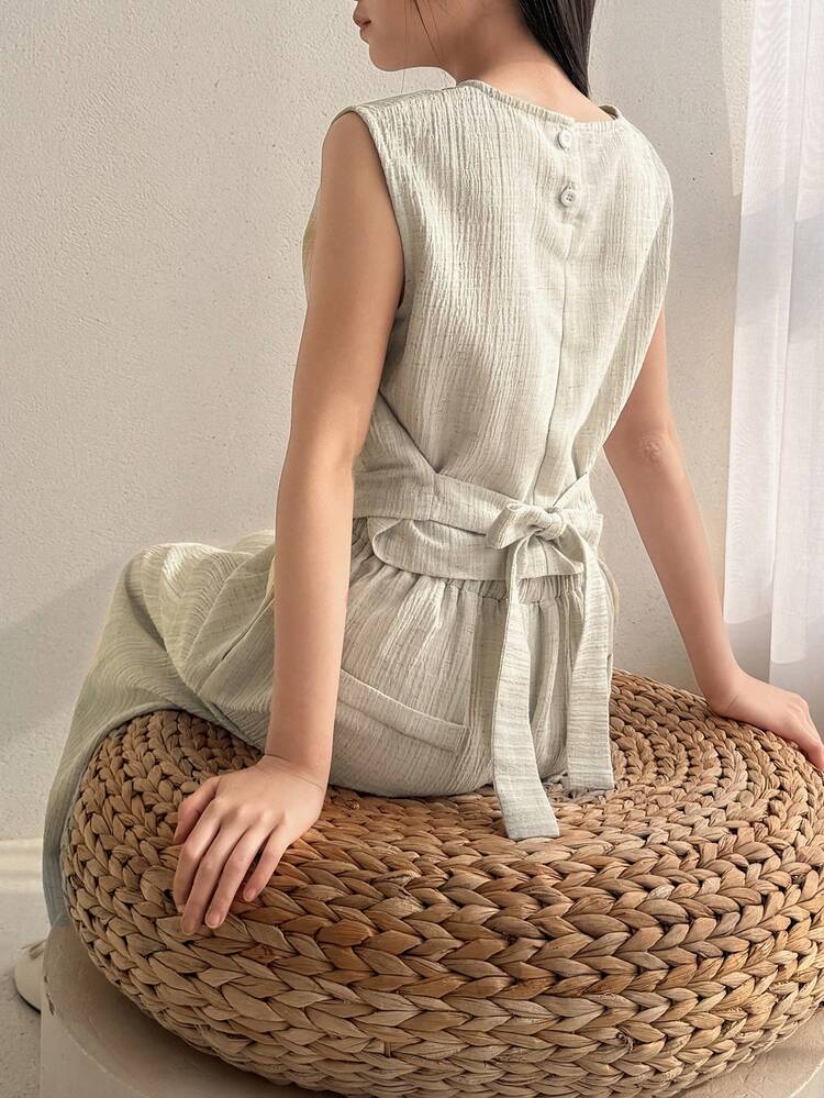 Tween Girl Solid Color Crew Neck Sleeveless Blouse And Pleated Wide Leg Pants Fashion Set Summer