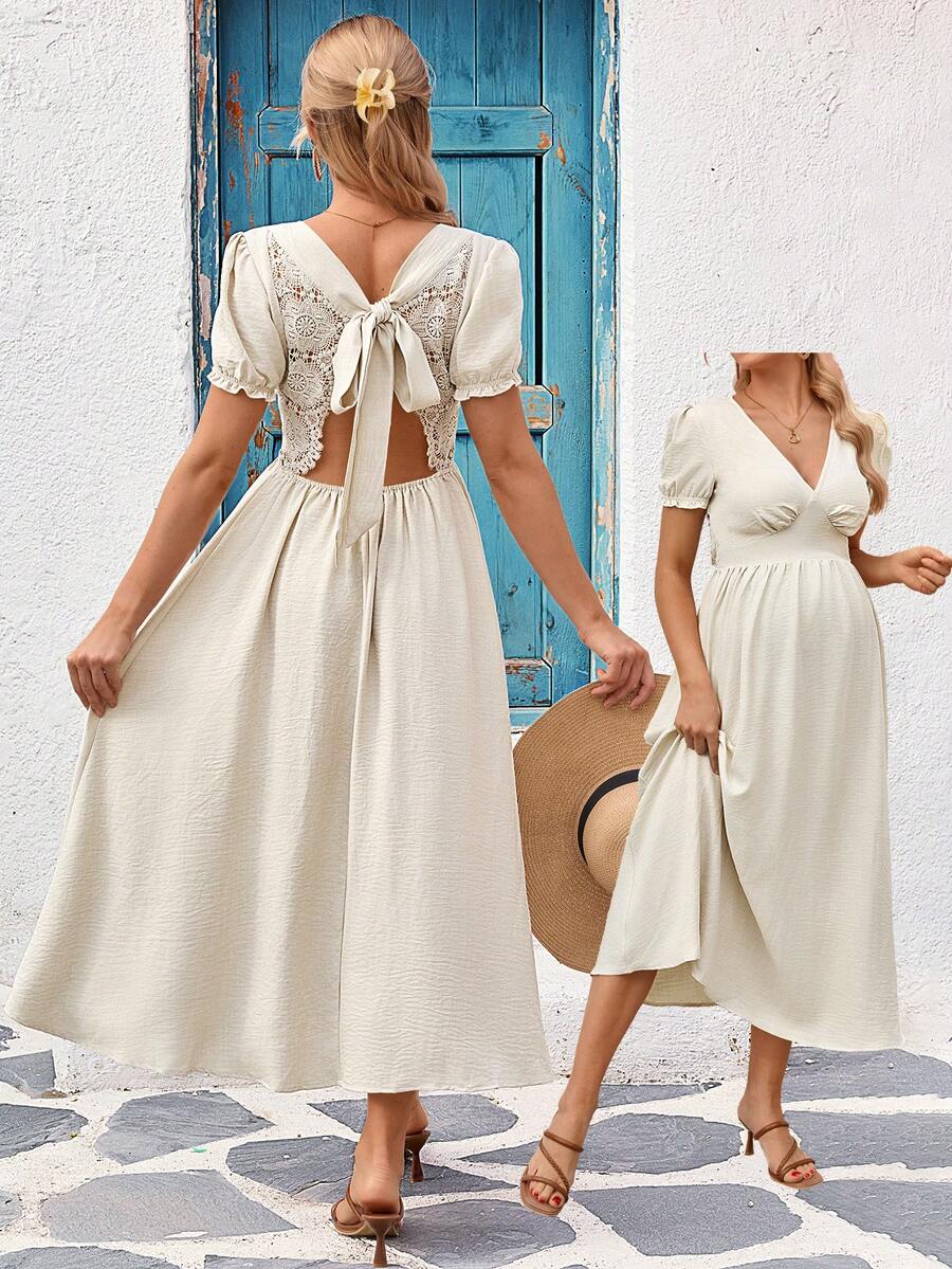 SHEIN Maternity Contrast Lace Tie Back Design Casual Dress - Apricot - View 1