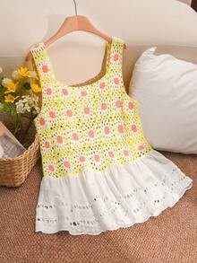 CosyJoli Blusa sin mangas de mujer talla grande hecha a mano con ganchillo, diseño de parches florales y girasoles, para uso casual y vacaciones en primavera - Multicolor - Ver 3