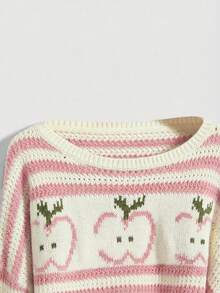 ROMWE Kawaii SpringCute Mori Style Apple Pattern Cropped Loose Flare Sleeve Sweater - Pink - View 3