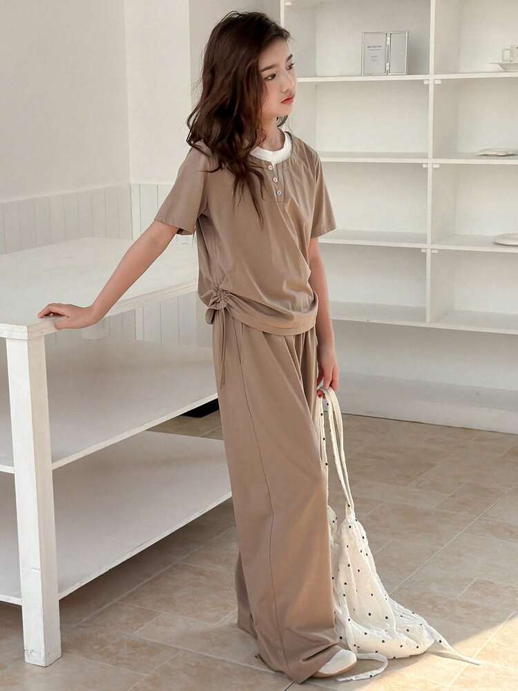 Tween Girl Contrast Color 2 In 1 Short Sleeve T-Shirt And Pants Casual Outfit