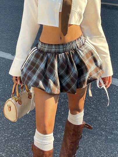 Coolane Women's Spring/Summer Streetwear Sport Homecoming Vintage Casual Y2K Banded Texture Decoration Plaid Mini Bubble Skirts,Rave Festival Outfits