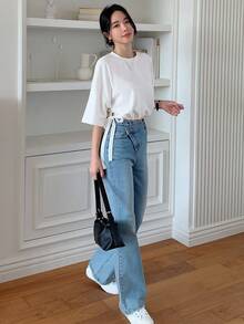 DAZY Camiseta de hombros caídos con cordón en el bajo, estilo preppy - Blanco - Ver 4