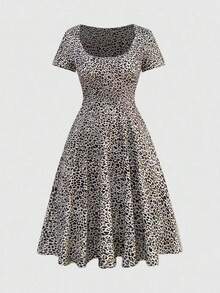 SHEIN PETITE Petite Women's Sexy Leopard Print Waist Cinched A-Line Short Dress - Multicolor - View 1