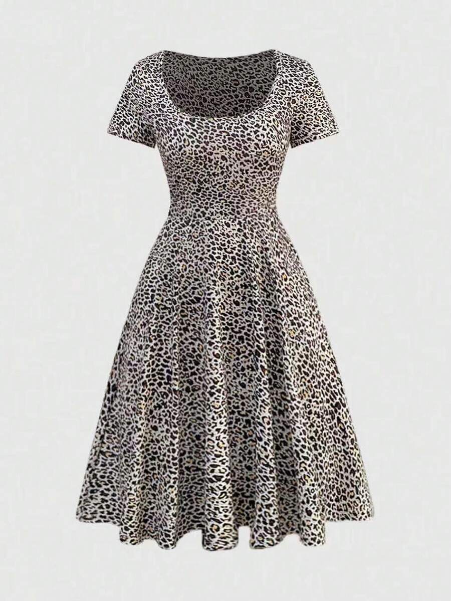 SHEIN PETITE Petite Women's Sexy Leopard Print Waist Cinched A-Line Short Dress - Multicolor - View 1