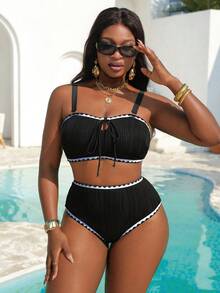 Women's Textured Bandeau Bikini Set For Summer Vacation, Size - 黑色 - 查看 4