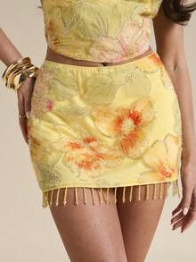 SHEIN BAE 黄色亮片串珠花卉低腰迷你裙，沙滩度假裙，性感夏季优雅可爱裙，早午餐裙，闪亮夏季裙，音乐节派对裙 - 黃色 - 查看 6