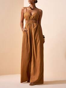 Zivah Bộ jumpsuit lấy cảm hứng từ phong cách miền Tây, Boho, Nashville, cổ chữ V, dây mảnh, eo cao khoét hở, lưng hở gợi cảm, túi dọc, họa tiết sọc dọc, có túi. - màu nâu - Xem 6