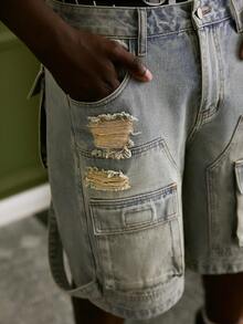 GALLERY FADE 男士休闲做旧多口袋蓝色牛仔短裤 - 中等水洗藍 - 查看 6