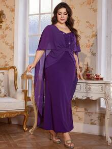 Reflora Plus Size Women Elegant Purple Dress,Formal Wedding Guest Party Dress,Sweetheart Neck Rhinestone & Faux Pearl Decor Bodycon Mermaid Hem,Autumn 2026 - Purple - View 5