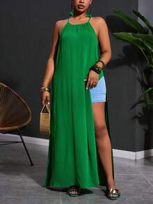 Slaydiva Plus Size Sage Green Summer Boho Beach Holiday Dress,Sleeveless High Slit Sides Wrap Yacht Dress,Women's Casual Cruise Travel Wedding Guest Outfits - Green - View 11