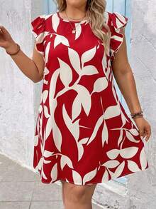 SHEIN VCAY Gaun Liburan Kasual Musim Panas Ukuran Besar dengan Motif Daun dan Hem Berkerut, Gaun Musim Panas - Merah - View 3