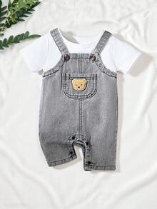 SHEIN Quần yếm thêu hình gấu hoạt hình cho trẻ sơ sinh - Xám - Xem 3