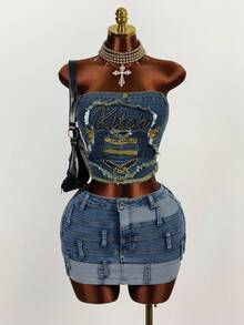 Mistrie 女士字母刺绣毛边修身牛仔抹胸上衣 - 藍色 - 查看 1