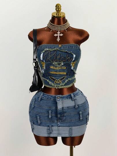 Mistrie 女士字母刺绣毛边修身牛仔抹胸上衣