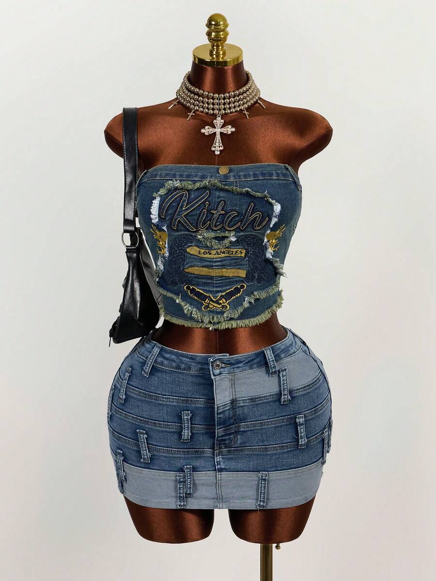 Mistrie 女士字母刺绣毛边修身牛仔抹胸上衣 - 藍色 - 查看 1