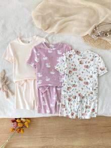 6件套女童卡通动物印花休闲短袖上衣和短裤睡衣套装 - 彩色 - 查看 8