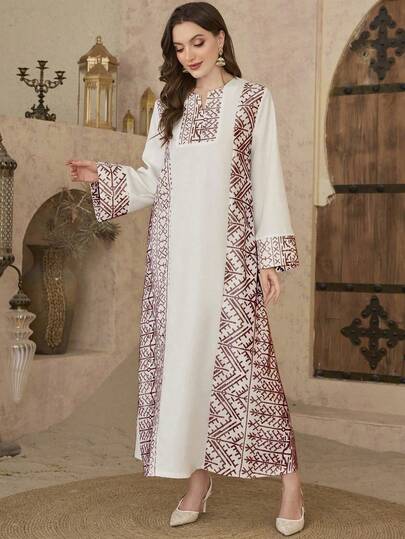 Al Najma 迪拜优雅长裙，穆斯林服装，印花撞色阿拉伯土耳其长袍