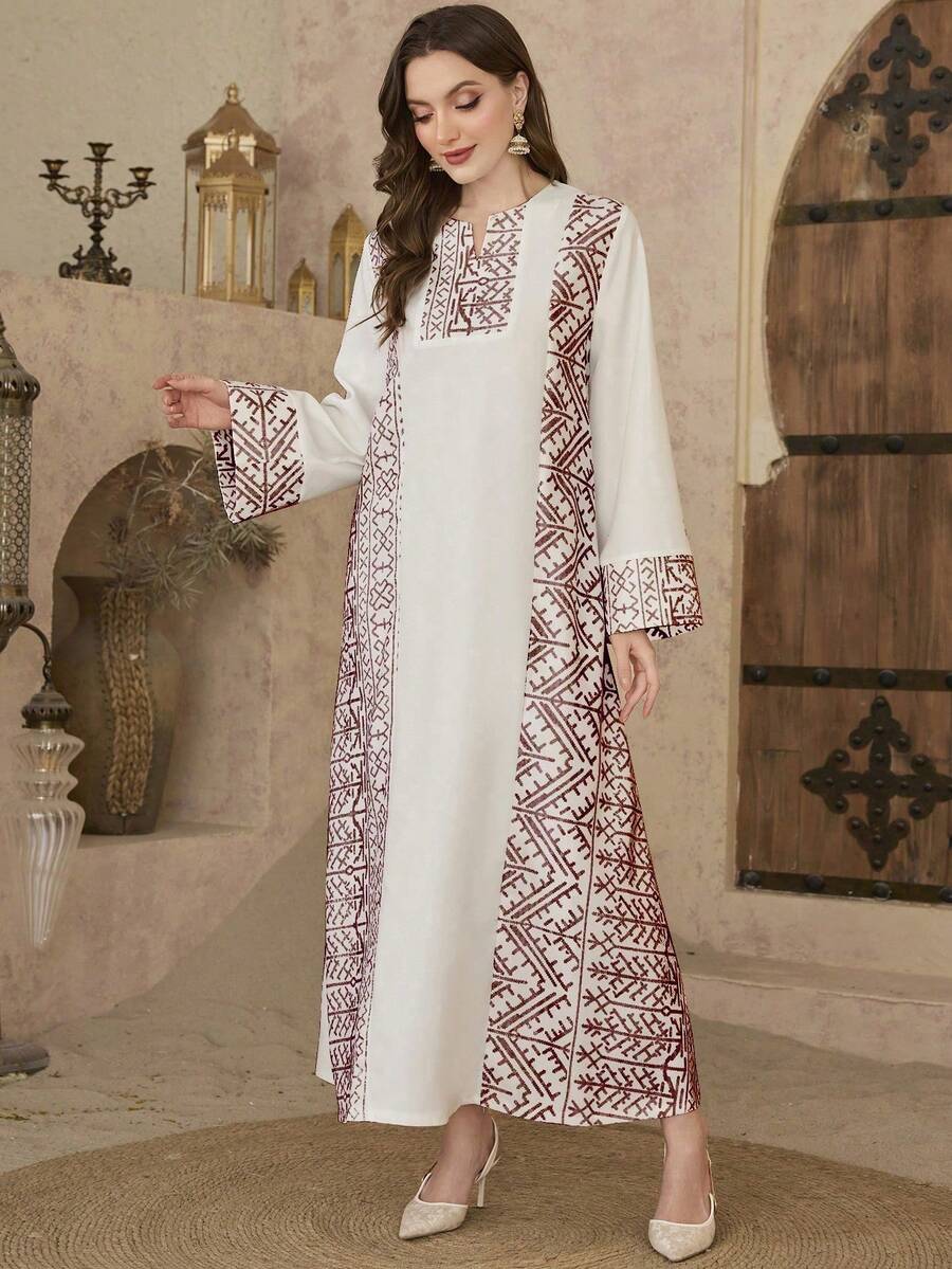 Al Najma Dubai Elegant Long Dress, Muslim Clothing, Printed Contrast Color Arabic Turkish Robe - Burgundy - View 1