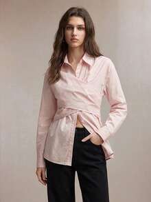 BizChic 2026 Spring/Summer New Arrival Pink Shirt Collar Front Button Down Asymmetric Cut Criss-Cross Binding Design Waist Cinched Slimming Women's Shirt, Romantic Casual Chic Elegant For Party And Office Commute - Pink - View 1