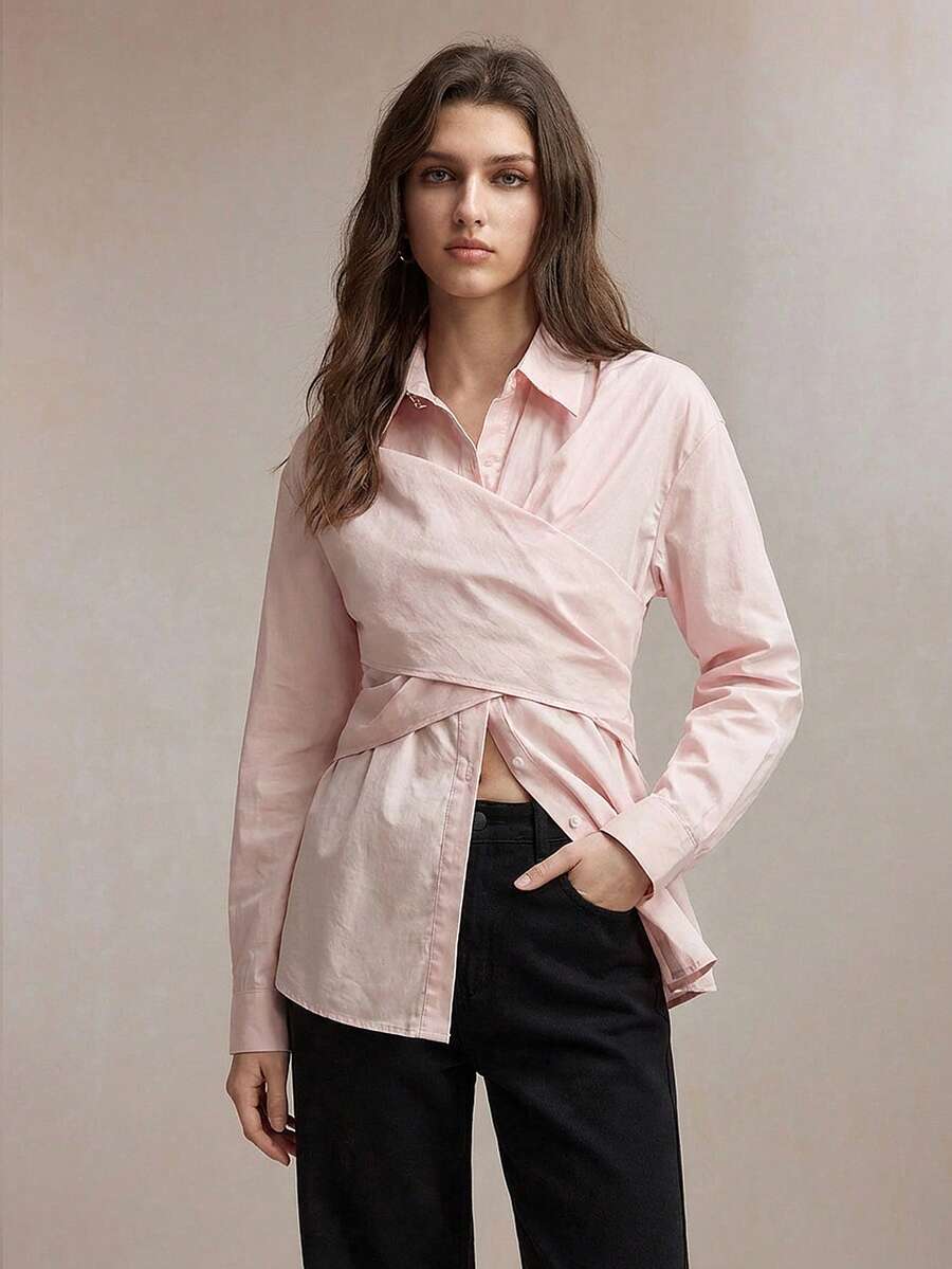 BizChic 2026 Spring/Summer New Arrival Pink Shirt Collar Front Button Down Asymmetric Cut Criss-Cross Binding Design Waist Cinched Slimming Women's Shirt, Romantic Casual Chic Elegant For Party And Office Commute - Pink - View 1
