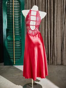 SHEIN Women's Backless Lace Trim Faux Silk Nightgown - Burgundy - View 3