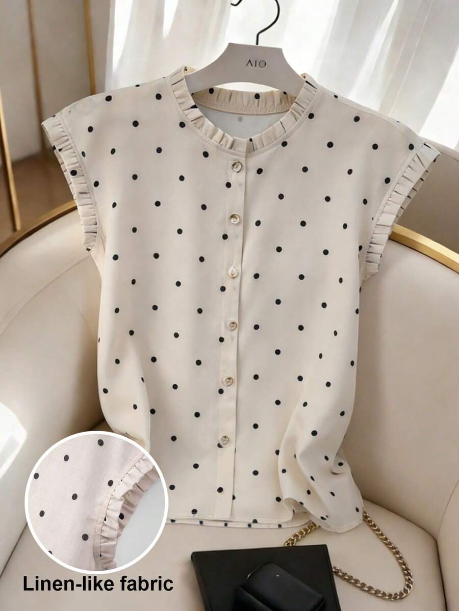 Franclia 女士休闲波点印花亚麻质感面料荷叶边领蝙蝠袖荷叶边短袖纽扣衬衫上衣，时尚休闲，通勤日常穿着，百搭优雅都市风，春夏穿着，乡村音乐节 - 彩色 - 查看 1