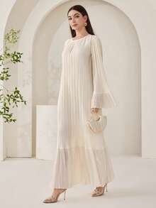 Veilorie Women's Elegant Minimalist Solid Color Textured Flare Sleeve Arabic Style Dress, Autumn - Apricot - View 6