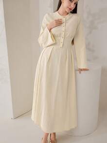 Veilorie Đầm dài tay cổ tròn cài cúc màu trơn thanh lịch dành cho nữ - Màu be - Xem 7