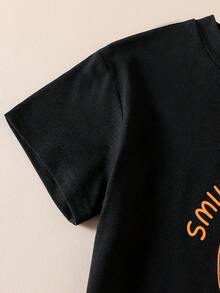 SHEIN Young Boys Smile Face Print Loose Comfortable Short Sleeve T-Shirt, Casual Fashion Street Style Minimalist Black Tee For Summer School Kids Clothing - Black - View 5
