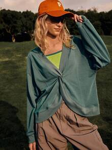 SHEIN Unity 女士休闲扭肩宽松卫衣，春秋季 - 綠色 - 查看 1