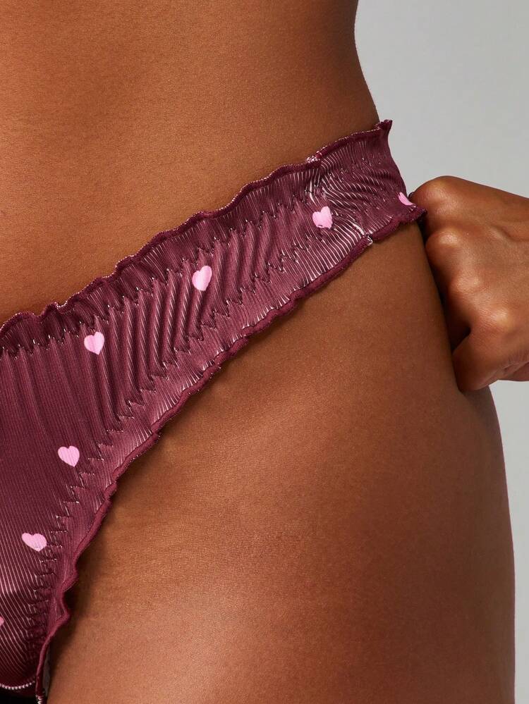 MISSGUIDED Ribbed Heart Print Underwear Thong With Ruched Edges And Feminine Valentine Details