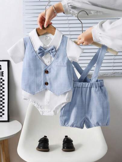 2pcs/Set Toddler Boys' Blue Plaid Patchwork White Collared Shirt With Bow Tie, Vest And Shorts Set, Gentleman Style Summer Outfit, 6M-3T
