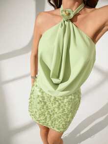 Bluhae Women's Sexy Backless Halter Top And Sequin Mini Skirt 2 Pieces Set, Summer - Green - View 3