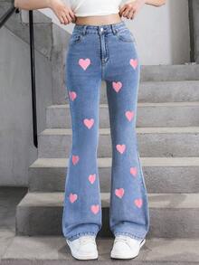 SHEIN ChillGRL Teen Girls Y2K Style Denim Jeans, Valentine's Day Heart Element, New Arrival, Casual Fashionable Versatile, Suitable For Various Styles, Cute Rabbit Girl Print, Retro Medium Blue Wash, New Simple Versatile Blue Washed Flare Jeans - Light Wash - View 3