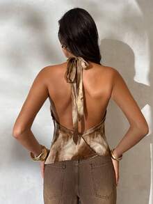 Aloruh Women's Fashion Sexy Tie-Dye Print Plunging Neck Backless Halter Top - Khaki - View 2