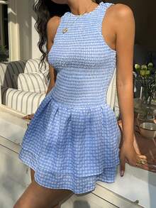 SHEIN PETITE 女士休闲度假日常百搭时尚外出通勤派对格子面料无袖荷叶边拼接迷你连衣裙，春夏款 - 藍色 - 查看 4