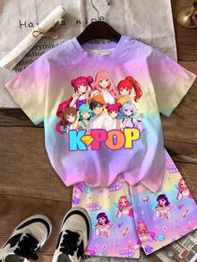 SHEIN 2件套少女K-Pop女团字母星星印花休闲圆领T恤和短裤，适合节日、派对、日常穿着、演唱会等场合。 - 彩色 - 查看 2