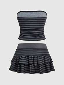 ROMWE Grunge Punk Y2K Sexy Camouflage Allover Print Cropped Tube Top And Mini Skirt 2 Pieces Set - Multicolor - View 2