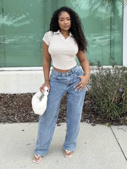 Alexandranx 女士 V 领短袖 T 恤，带设计、肩线、腰线、夏季休闲短款 Polo 衫、修身