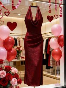 Franclia Chinese-Style Fashionable And Versatile Party Dresses, Including A Long, Red, Backless Halter Neck, Gold-Threaded Sexy Dress, A Sparkly Dress, A Women's Red Dress, A Valentine's Day Dress, A Women's Carnival Outfit, A Party Dress, A Vacation Dress, A Long Party Dress, A Women's Wedding Guest Dress, An Elegant Party Dress, An Elegant Fitted Red Maxi Dress Suitable For Banquet Occasions, Elegant Women's Dresses, Elegant Women's Wear, Women's Wedding Guest Dresses, Wedding Party Dresses, Luxurious Wedding Evening Dresses, Red Dresses, Valentine's Day Dresses, Women's Valentine's Day Outfits, Valentine's Day Clothing, Elegant Party Dresses, And Birthday Dresses (Women's Wear). - Burgundy - View 1