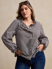 Elegantrix 女士格子荷叶边法式衬衫，休闲日常穿着，春夏款 - 棕色 - 查看 5