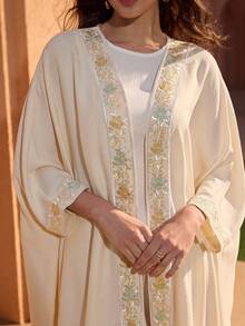 Graceveil Women's Elegant Floral Embroidery Splice Batwing Sleeve Loose Arabic Abaya Robe - Apricot - View 1