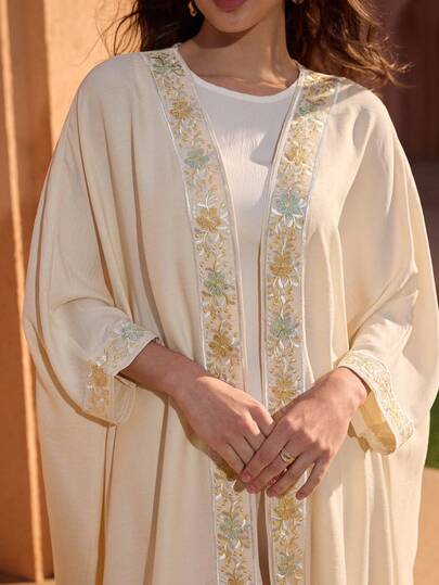 Graceveil Women's Elegant Floral Embroidery Splice Batwing Sleeve Loose Arabic Abaya Robe
