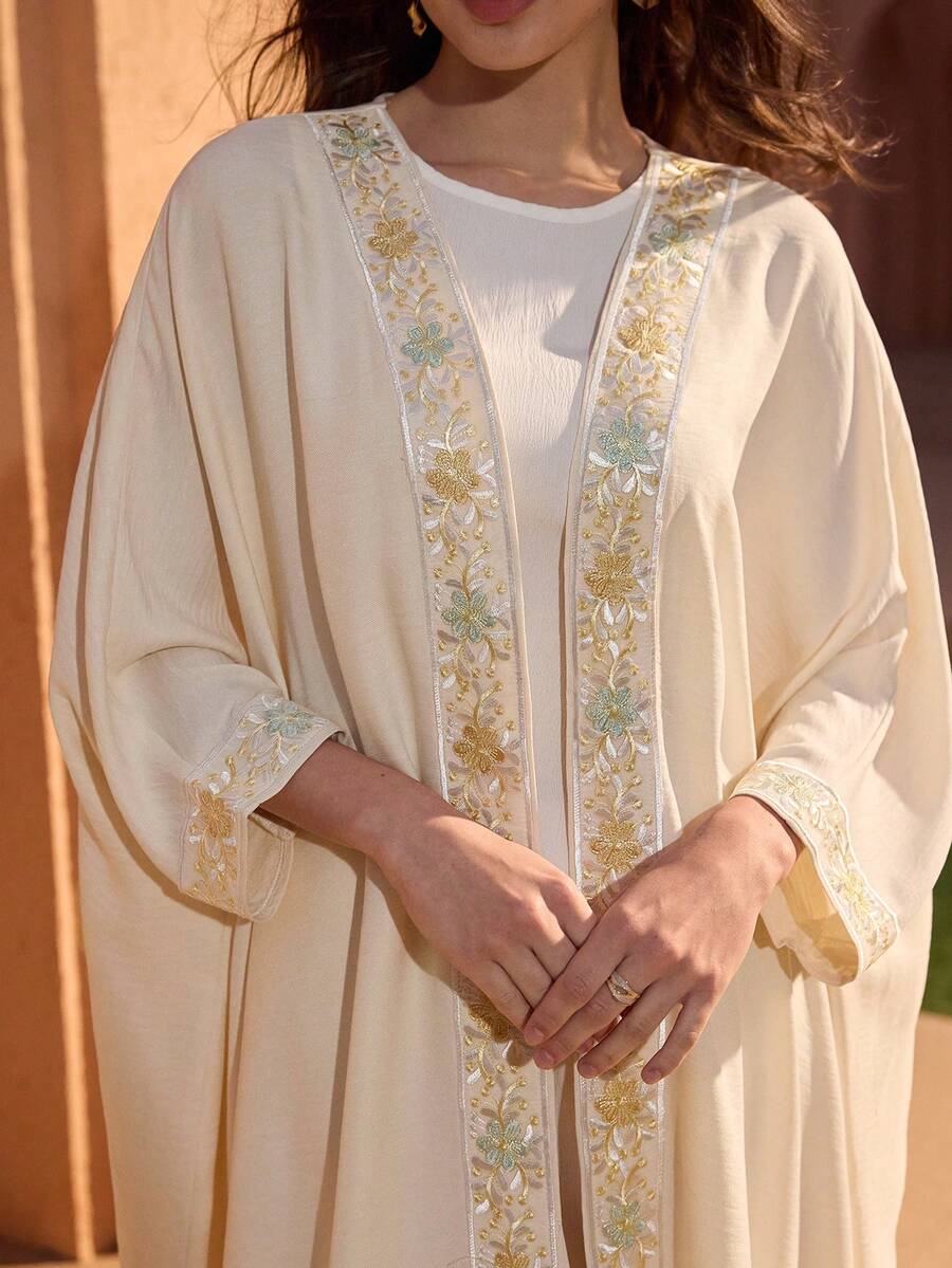 Graceveil Women's Elegant Floral Embroidery Splice Batwing Sleeve Loose Arabic Abaya Robe - Apricot - View 1